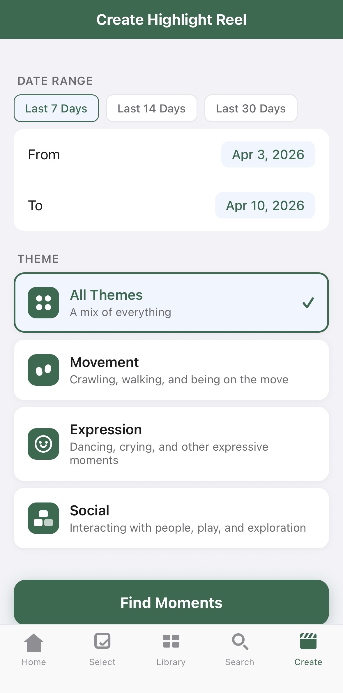 Create Highlight Reel screen